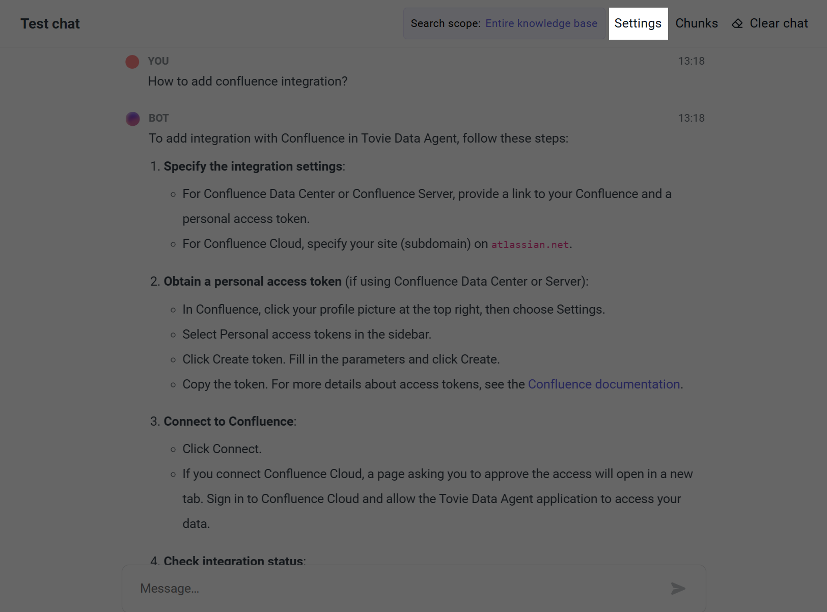 Test chat settings