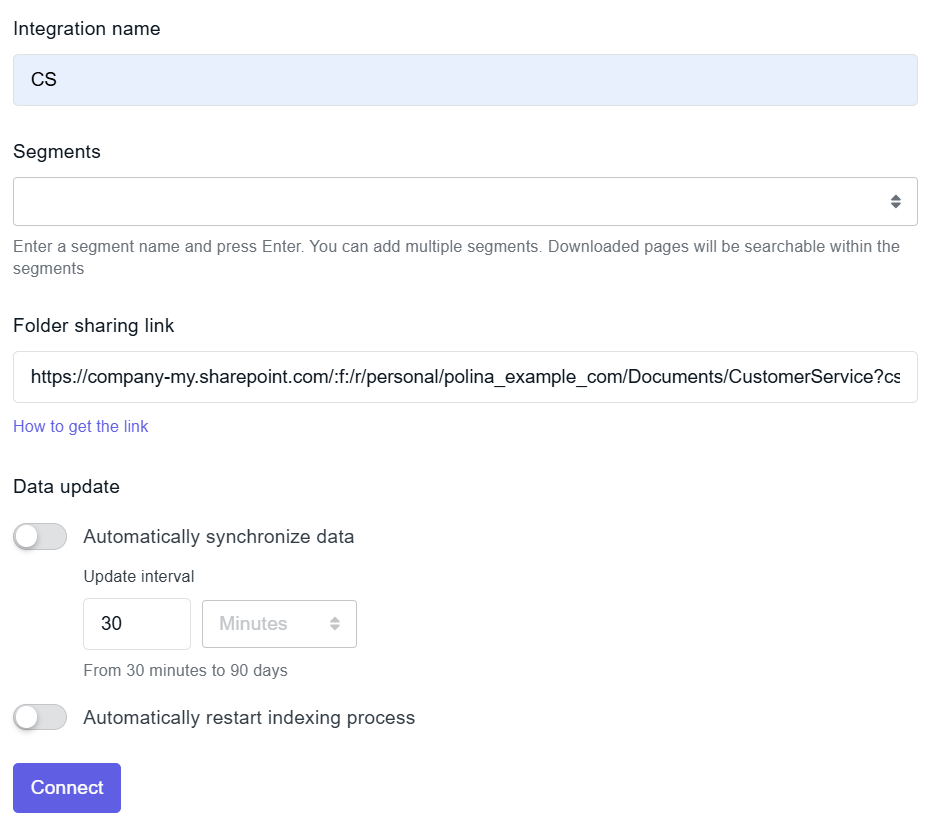 OneDrive integration settings