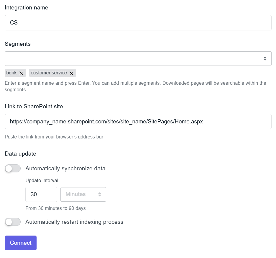 SharePoint integration settings