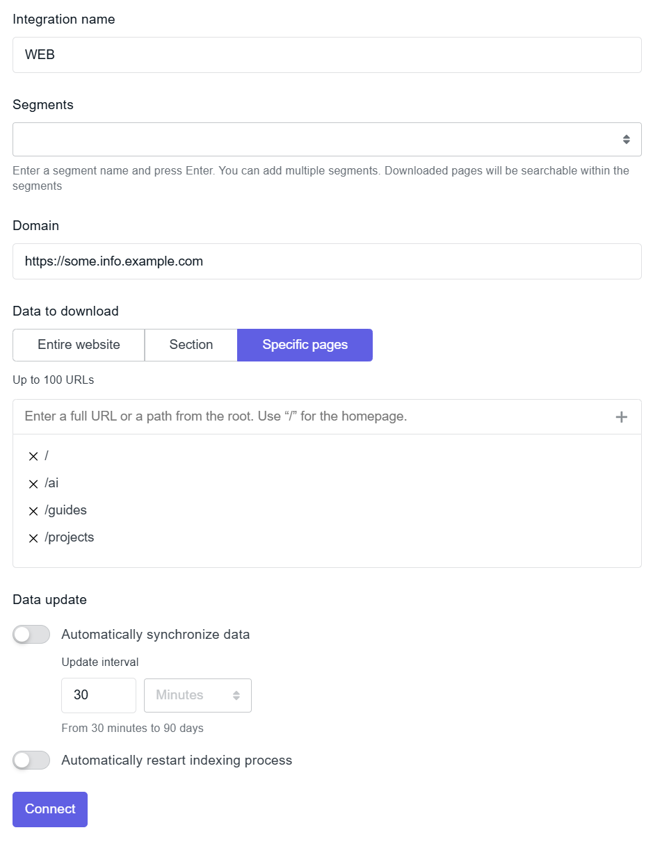 Website integration settings